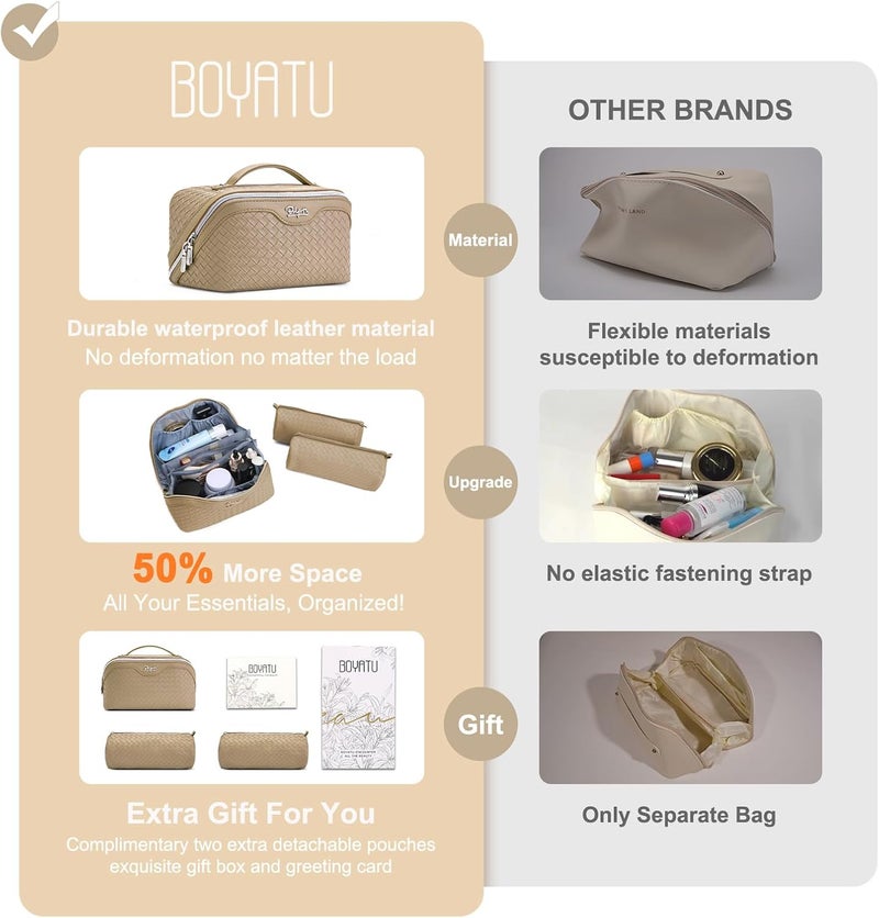 BOYATU Travel Makeup Bag Cosmetic Bags for Women: Large Capacity 3 Pcs Set Make up Bag with Compartments - Waterproof Vegan Leather Toiletry Organizer Bags with Handle (L37 Apricot) - Image 3